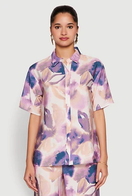 Womens Abstract Leaf Print Button Front Shirt, Purple, Size M