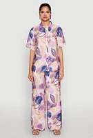Womens Abstract Leaf Print Button Front Shirt, Purple, Size M