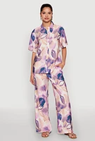 Womens Abstract Leaf Print Button Front Shirt, Purple, Size M