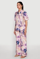 Womens Abstract Leaf Print Button Front Shirt, Purple, Size M