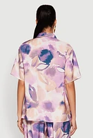 Womens Abstract Leaf Print Button Front Shirt, Purple, Size M