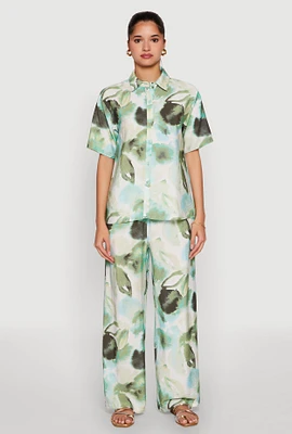 Womens Abstract Leaf Print Wide Leg Pants, Green,