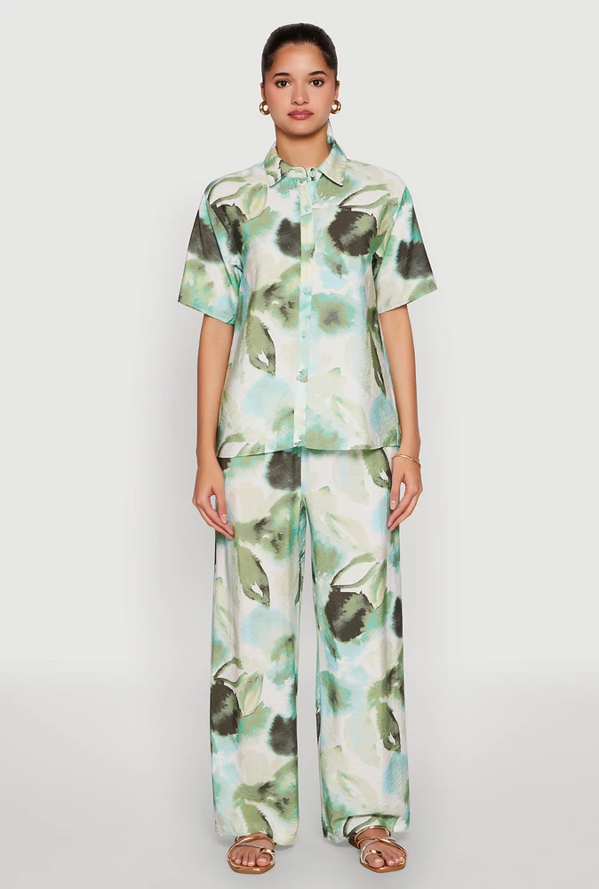 Womens Abstract Leaf Print Wide Leg Pants, Green, Size L