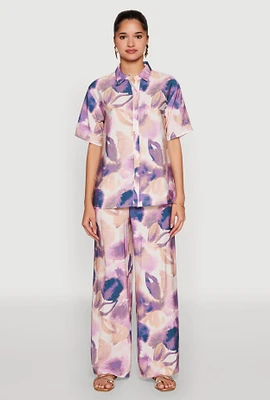 Womens Abstract Leaf Print Wide Leg Pants, Purple,