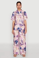 Womens Abstract Leaf Print Wide Leg Pants, Purple,