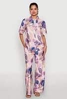 Womens Abstract Leaf Print Wide Leg Pants, Purple,