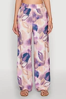 Womens Abstract Leaf Print Wide Leg Pants, Purple,