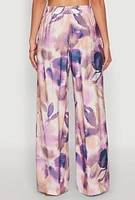 Womens Abstract Leaf Print Wide Leg Pants, Purple,