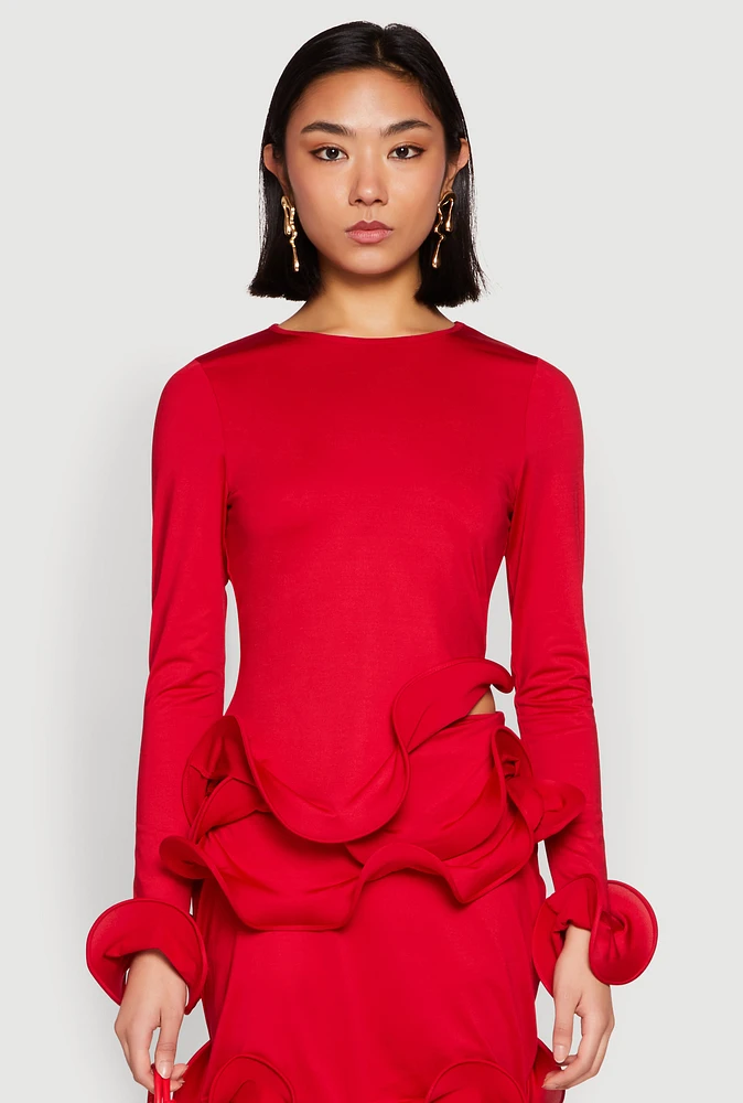 Womens Long Sleeve Wired Ruffle Blouse, Red,
