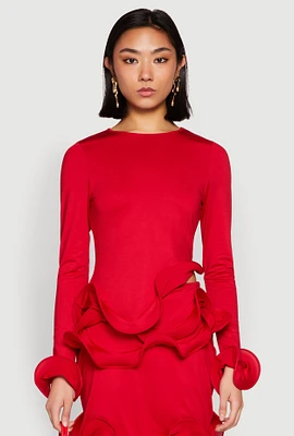 Womens Long Sleeve Wired Ruffle Blouse, Red,