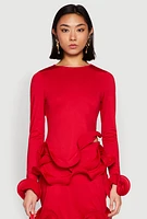Womens Long Sleeve Wired Ruffle Blouse, Red,