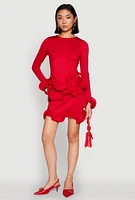 Womens Long Sleeve Wired Ruffle Blouse, Red,