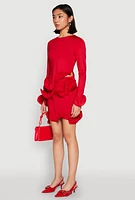 Womens Long Sleeve Wired Ruffle Blouse, Red,