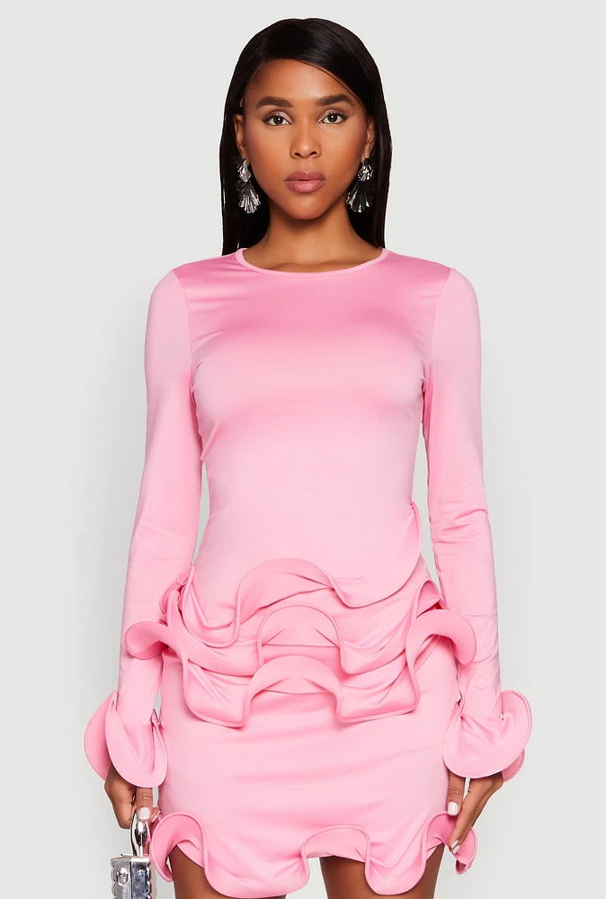 Womens Long Sleeve Wired Ruffle Blouse, Pink, Size L