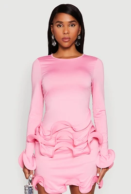 Womens Long Sleeve Wired Ruffle Blouse, Pink, Size L
