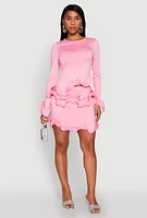 Womens Long Sleeve Wired Ruffle Blouse, Pink, Size L