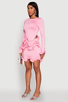 Womens Long Sleeve Wired Ruffle Blouse, Pink, Size L