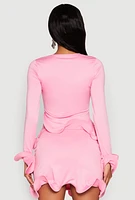 Womens Long Sleeve Wired Ruffle Blouse, Pink, Size L