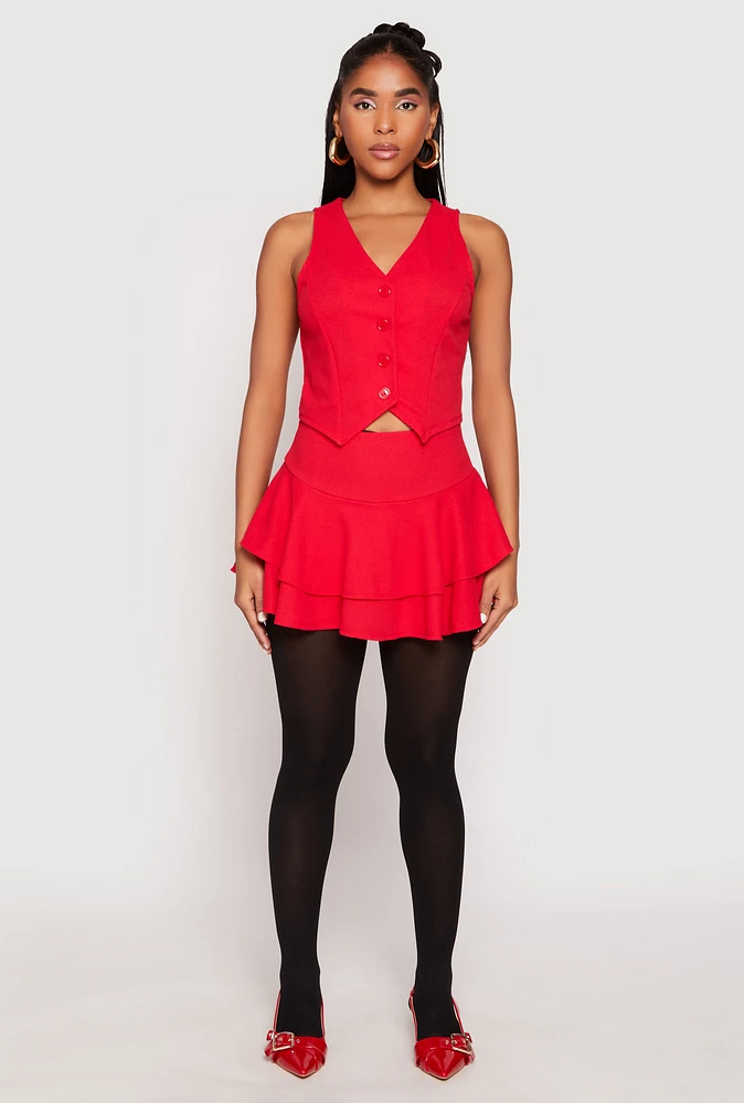 Womens Crepe Knit High Waisted Tiered Skort, Red, Size L