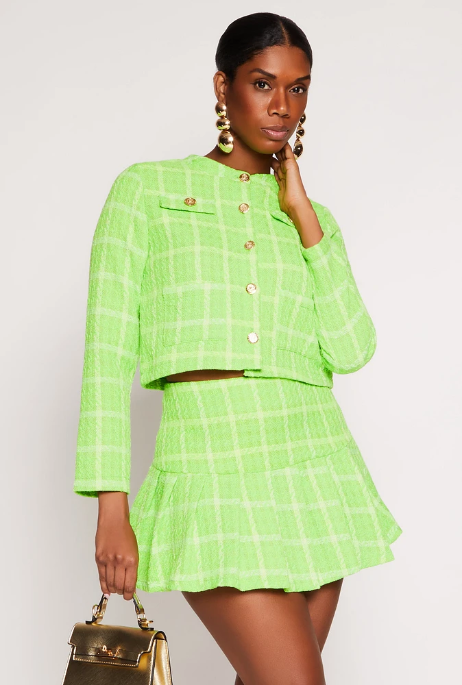 Womens Tweed Windowpane Plaid Button Front Blazer, Green, Size S