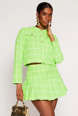 Womens Tweed Windowpane Plaid Button Front Blazer, Green, Size S