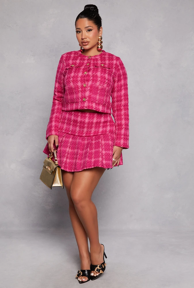 Womens Tweed Windowpane Plaid Pleated Skirt, Pink,