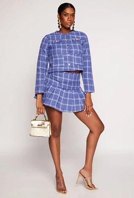 Womens Tweed Windowpane Plaid Pleated Skirt, Blue, Size M