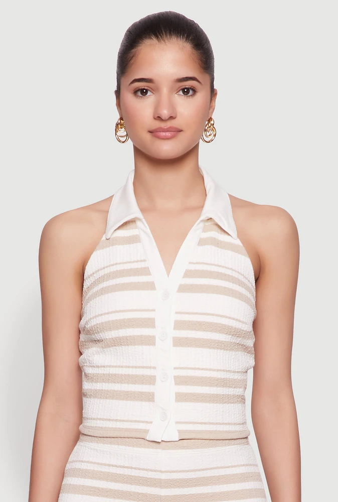 Womens Textured Knit Striped Cropped Halter Top, Beige, Size S