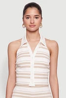 Womens Textured Knit Striped Cropped Halter Top, Beige, Size S