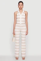 Womens Textured Knit Striped Cropped Halter Top, Beige, Size S