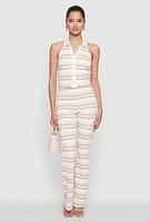 Womens Textured Knit Striped Cropped Halter Top, Beige, Size S