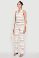 Womens Textured Knit Striped Cropped Halter Top, Beige, Size S