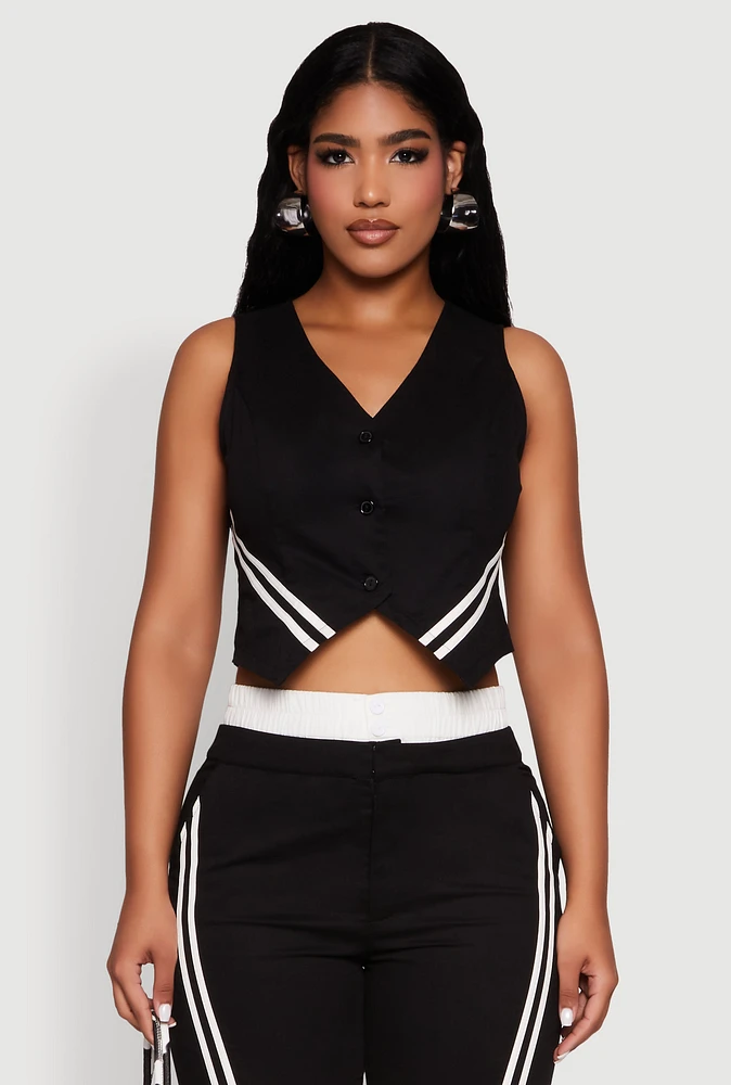 Womens Varsity Stripe Button Front Cropped Blazer Vest, Black, Size L