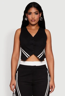 Womens Varsity Stripe Button Front Cropped Blazer Vest, Black, Size L