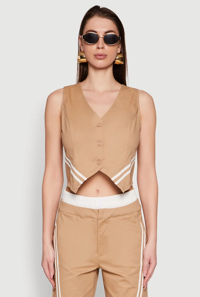 Womens Varsity Stripe Button Front Cropped Blazer Vest, Beige,