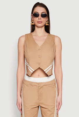 Womens Varsity Stripe Button Front Cropped Blazer Vest, Beige,