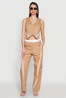 Womens Varsity Stripe Button Front Cropped Blazer Vest, Beige,