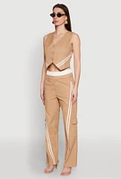 Womens Varsity Stripe Button Front Cropped Blazer Vest, Beige,