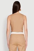 Womens Varsity Stripe Button Front Cropped Blazer Vest, Beige,