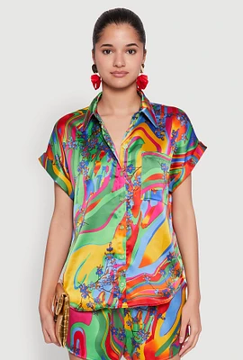 Womens Satin Psychedelic Floral Print Shirt, Multi,