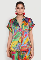 Womens Satin Psychedelic Floral Print Shirt, Multi,