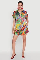 Womens Satin Psychedelic Floral Print Shirt, Multi,