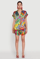 Womens Satin Psychedelic Floral Print Shirt, Multi,