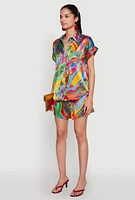 Womens Satin Psychedelic Floral Print Shirt, Multi,