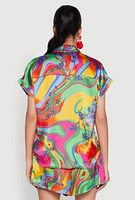 Womens Satin Psychedelic Floral Print Shirt, Multi,