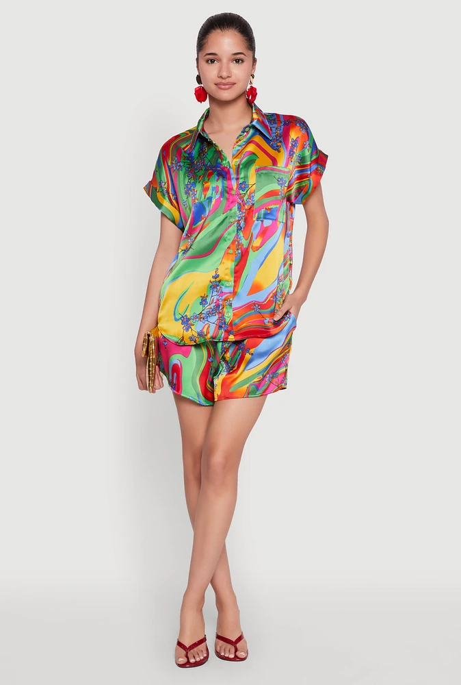 Womens Satin Psychedelic Floral Print Shorts, Multi, Size S