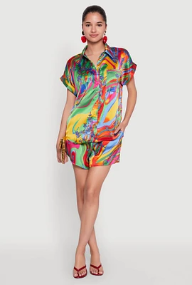 Womens Satin Psychedelic Floral Print Shorts, Multi, Size S