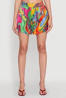 Womens Satin Psychedelic Floral Print Shorts, Multi, Size S
