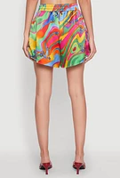 Womens Satin Psychedelic Floral Print Shorts, Multi, Size M