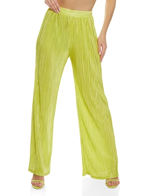 Womens Plisse High Waisted Wide Leg Pants, Green, Size S